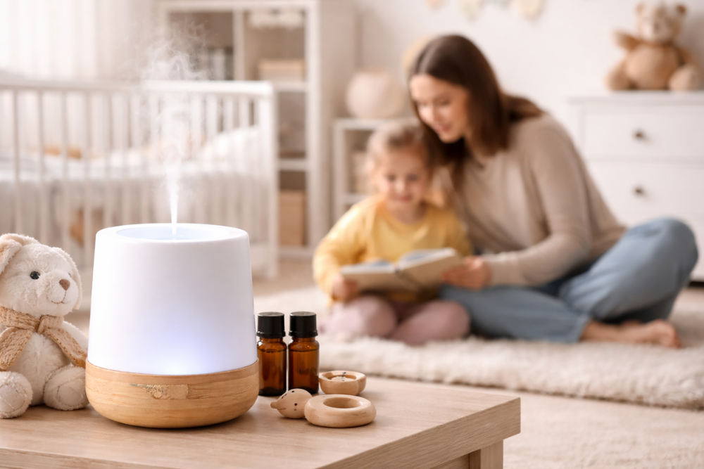 Diffusor mit ätherischem Öl im Kinderzimmer, feiner Nebel und ruhige Atmosphäre beim gemeinsamen Lesen