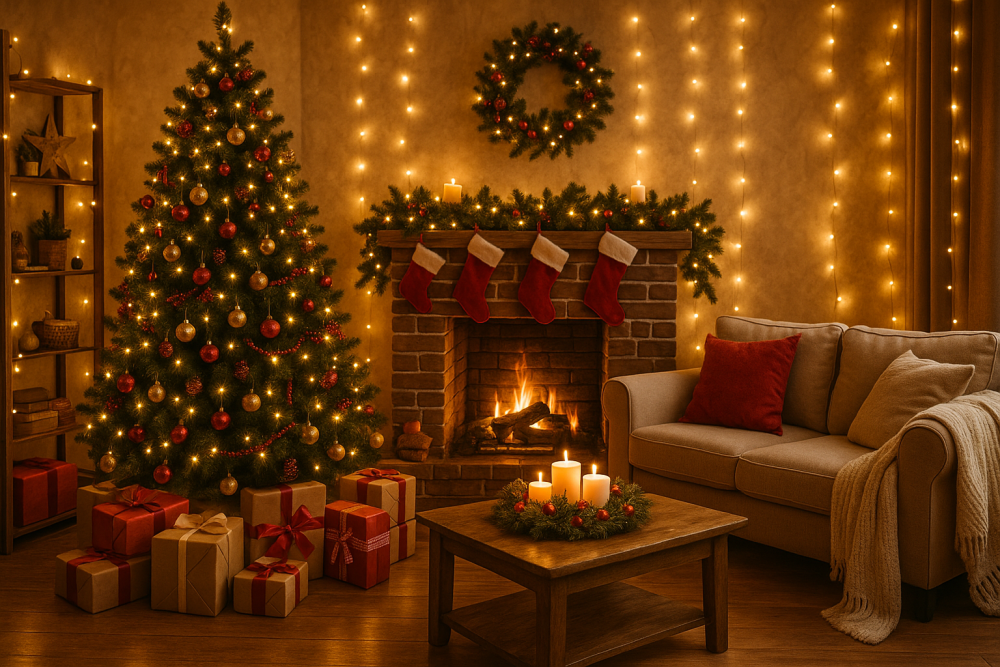 Gemütliches, weihnachtlich geschmücktes Wohnzimmer mit Lichterketten, Weihnachtsbaum, Kamin und Kerzen, das eine warme festliche Atmosphäre schafft.