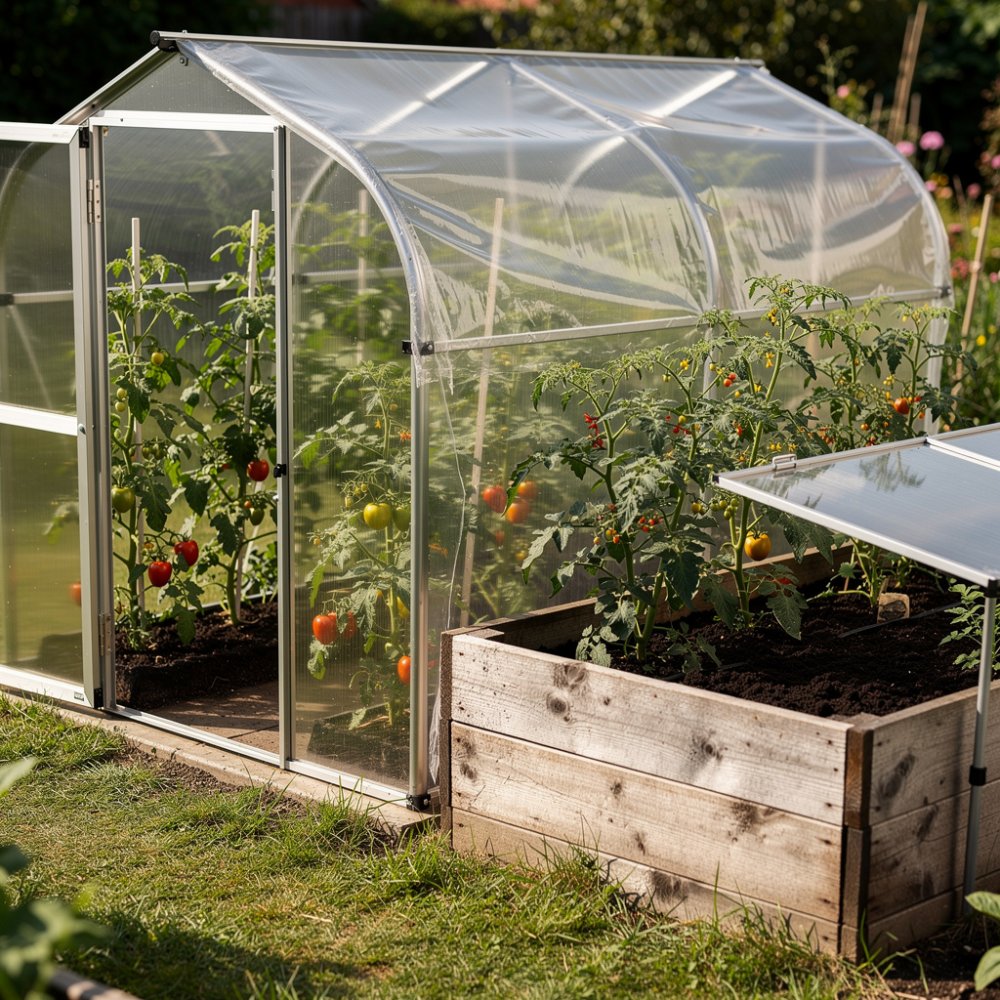 Gewächshaus, Folientunnel und Aufzuchtbeet im Garten