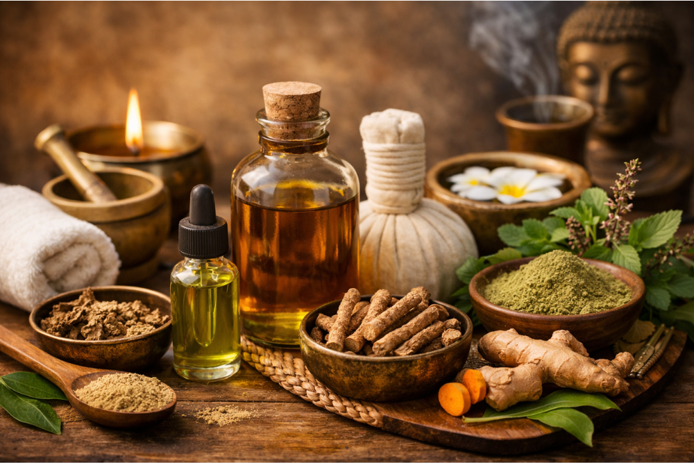 Ayurvedische Kosmetik und Öle – traditionelle Ölmazerate, Kräuterrohstoffe und Massagezubehör in einer ruhigen, natürlichen Komposition