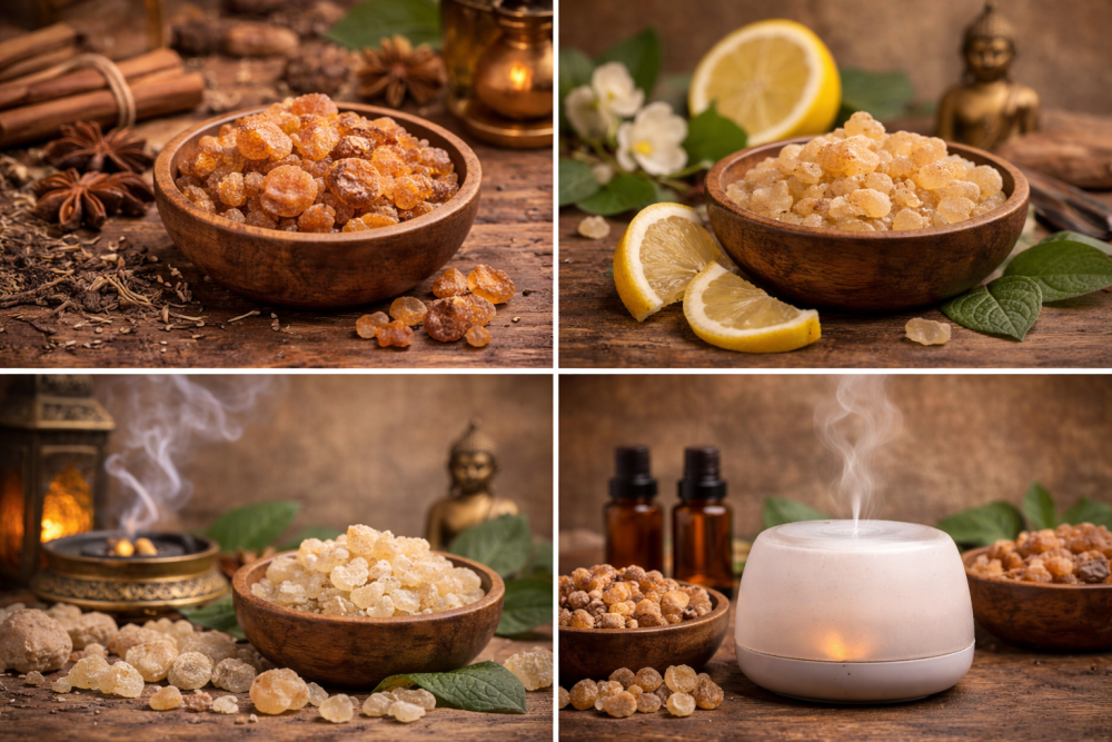 Meditationsecke mit Diffusor und Weihrauchölen zum Vergleich verschiedener Weihrauchsorten in der häuslichen Aromatherapie
