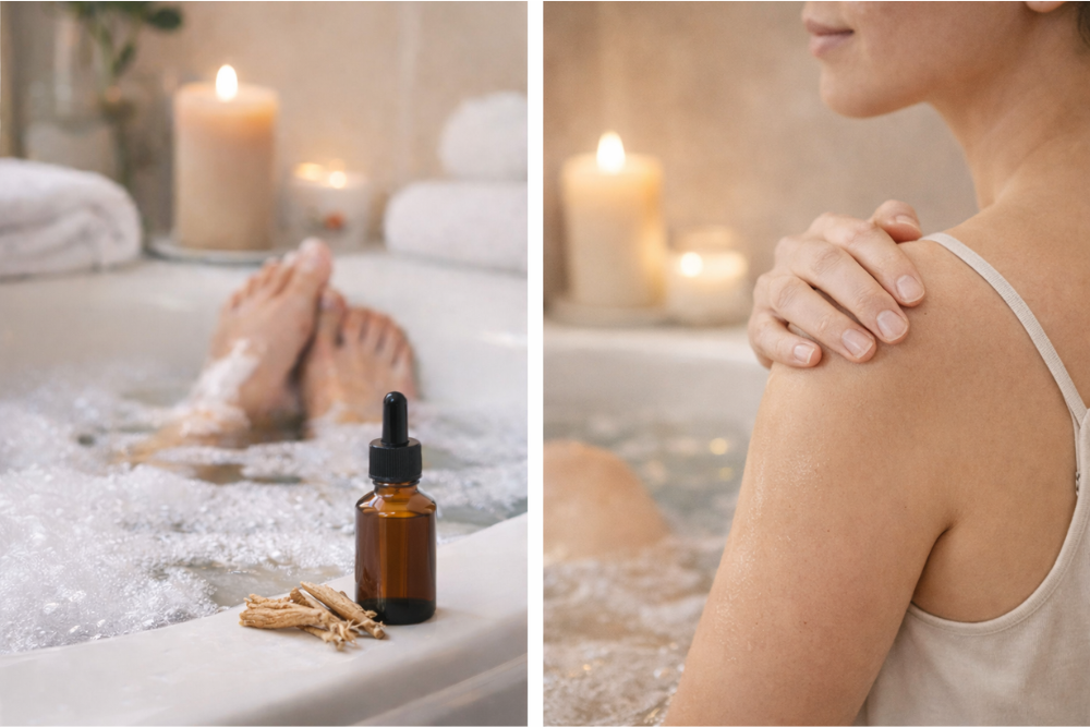 Anwendung von Ashwagandha in der Kosmetik – Badritual mit Öl und sanfte Körpermassage in ruhiger Atmosphäre