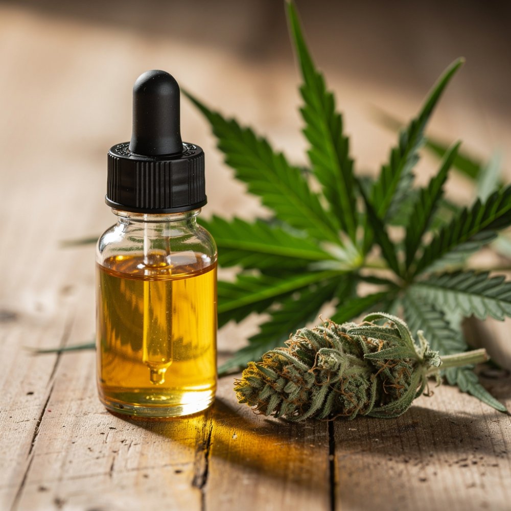 Flasche CBD-Öl mit Tropfer und Hanfblättern Flasche CBD-Öl mit Tropfer und Hanfblättern