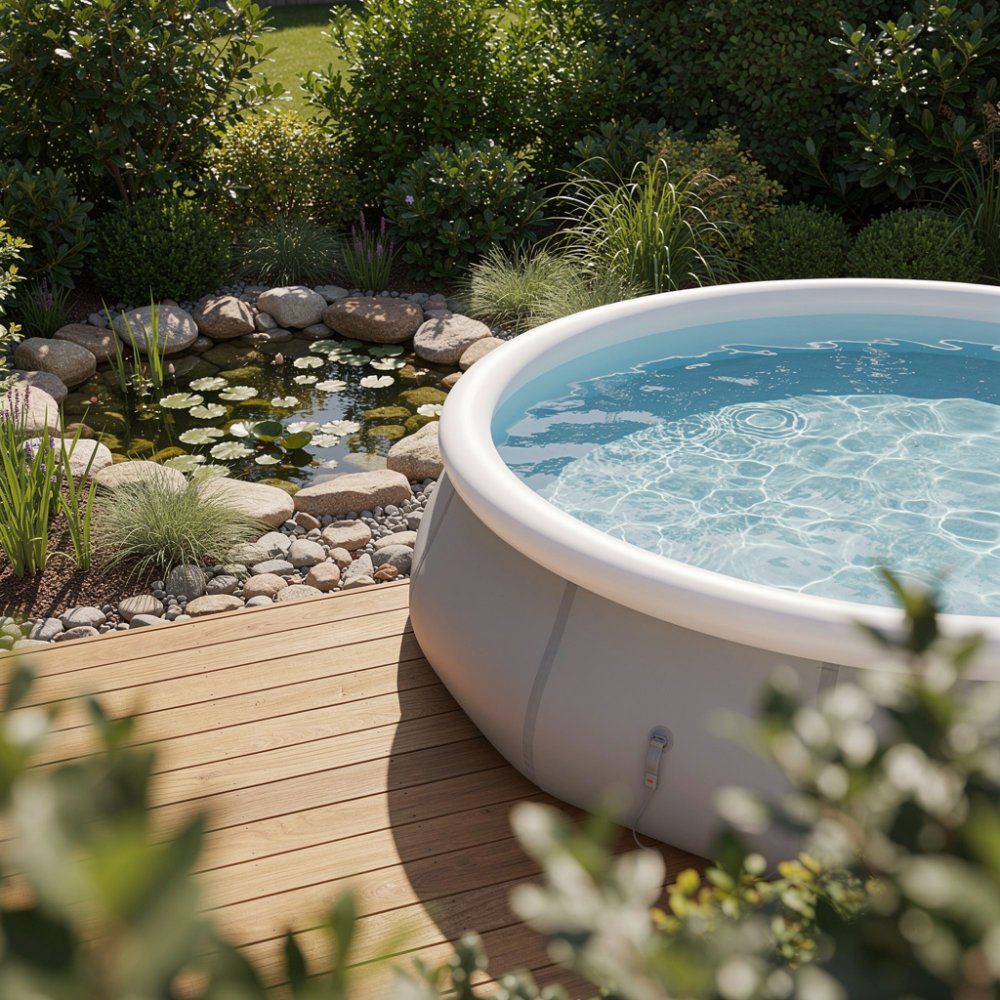Schwimmbecken und Garten-Teich im sommerlichen Sonnenlicht Schwimmbecken und Garten-Teich im sommerlichen Sonnenlicht