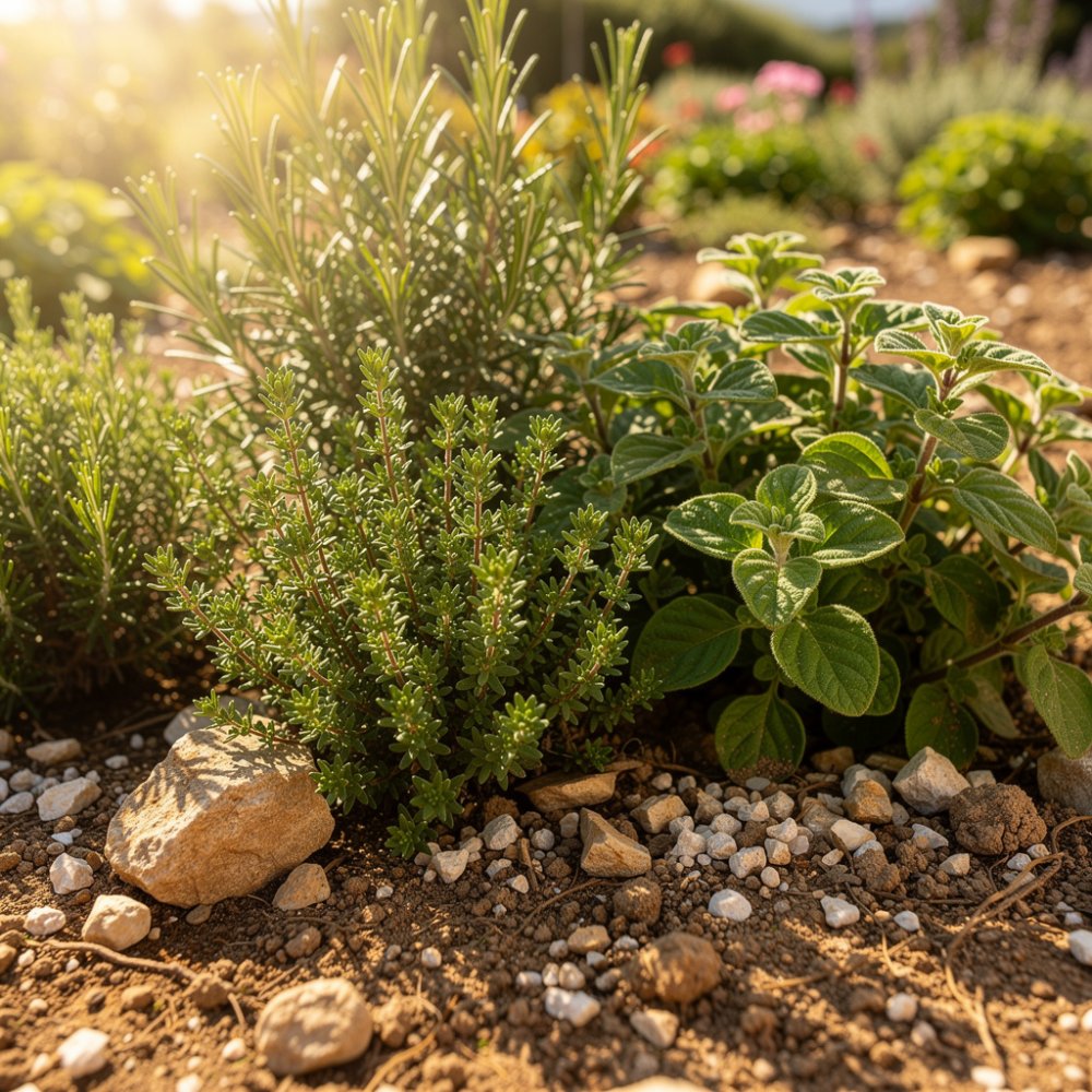 Rosmarin, Thymian und Oregano auf einem sonnigen Steinbeet