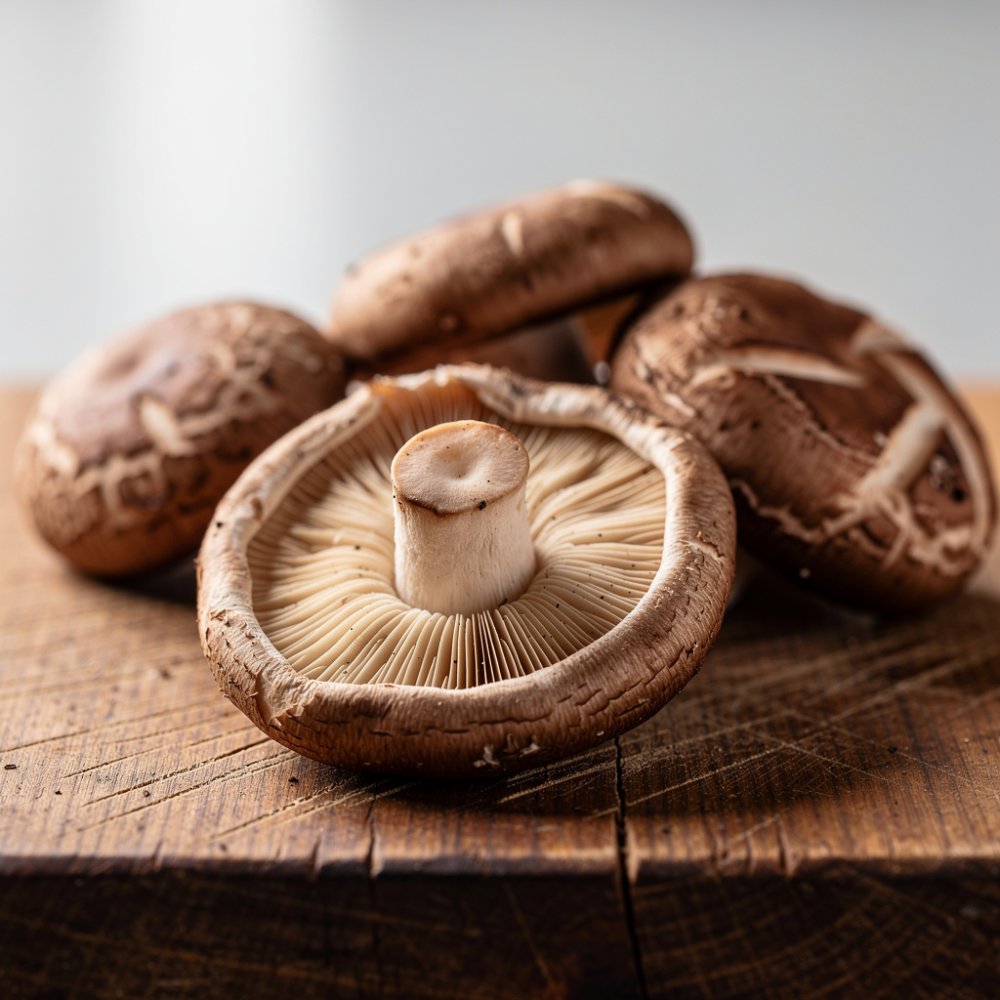 Frische Shiitake-Pilze auf einem Holzbrett