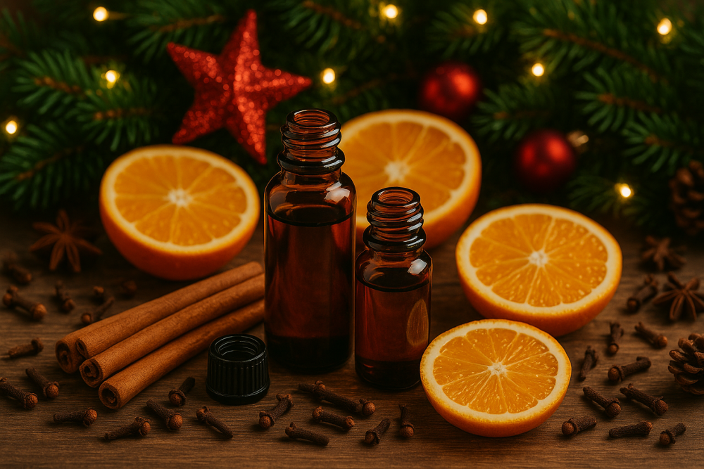 Ätherische Öle mit Orangenscheiben, Zimt und Nelken in weihnachtlichem Arrangement.