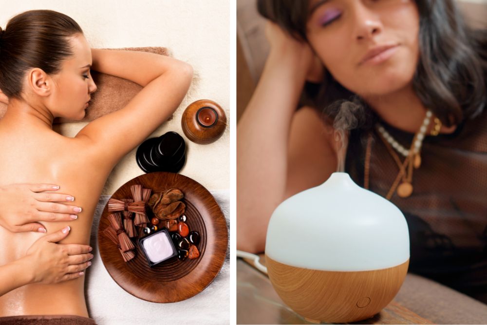 Entspannende Aromatherapie – Diffusor mit ätherischem Öl und Kerzen in ruhiger Umgebung