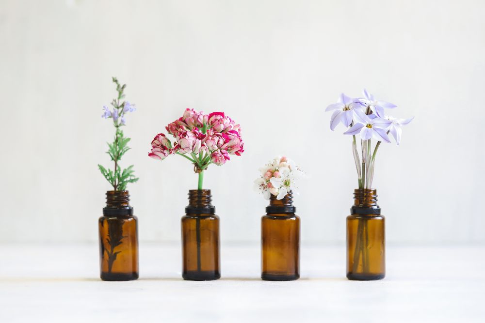 Verschiedene Arten ätherischer Öle - Lavendel-, Zitronen- und Minzöl mit frischen Pflanzen