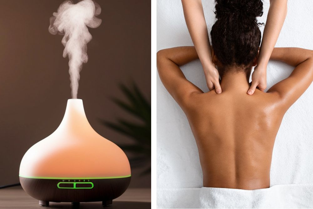 Aroma-Diffusor mit ätherischem Öl und entspannende Rückenmassage für die Aromatherapie