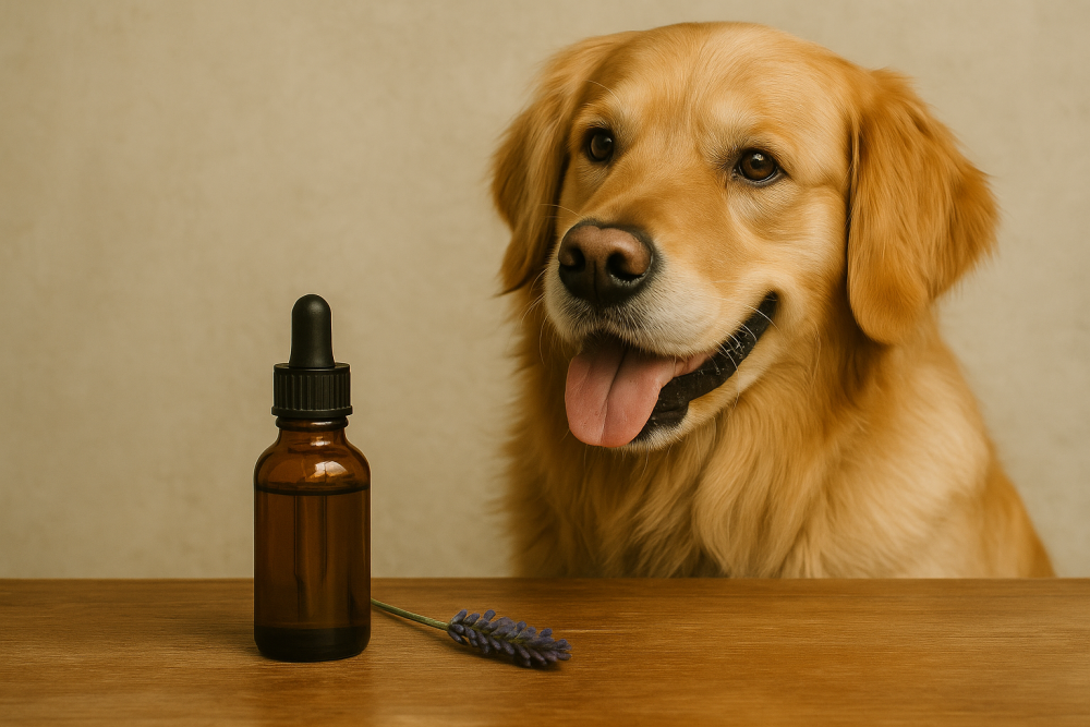 Hund im Interieur neben einem Fläschchen ätherischen Öls – sanfte Raumbeduftung mit Hunden