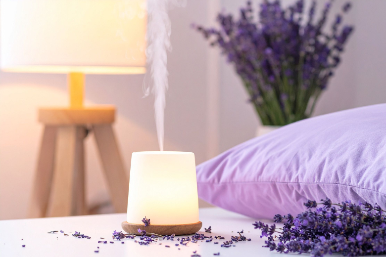 Aroma-Diffuser mit Lavendel auf dem Nachttisch im Schlafzimmer.