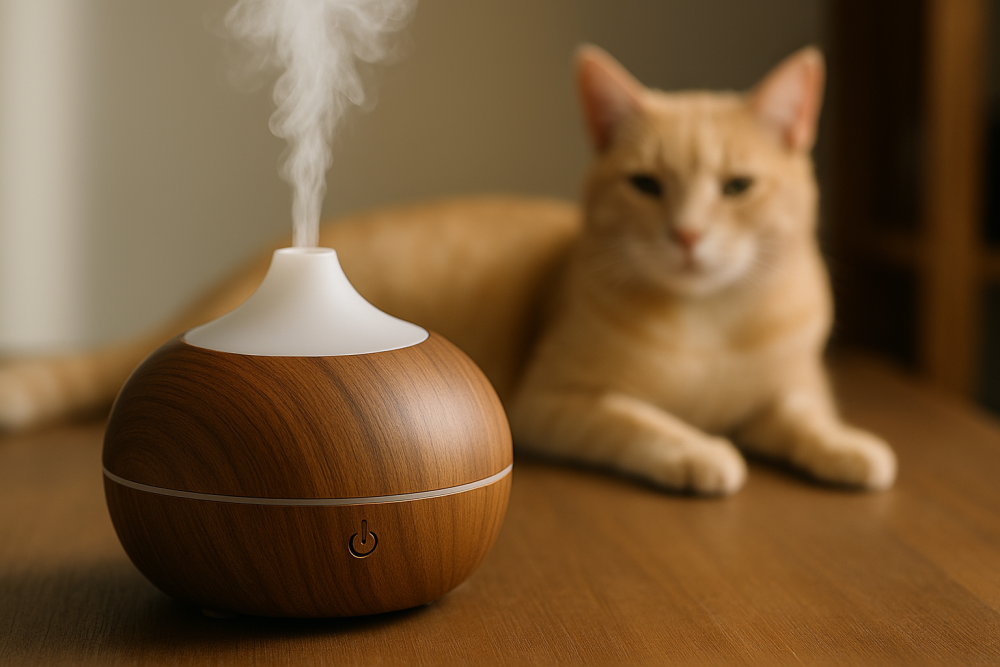 Aroma-Diffusor im Interieur mit unscharfer Katze im Hintergrund – vorsichtige Verwendung ätherischer Öle im Haushalt mit Tieren