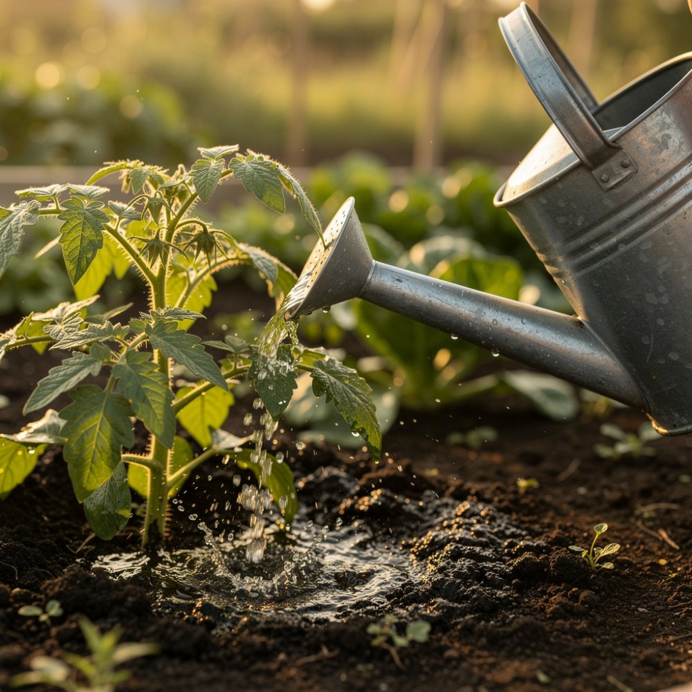 Metallgießkanne gießt Wasser auf Tomaten im Garten