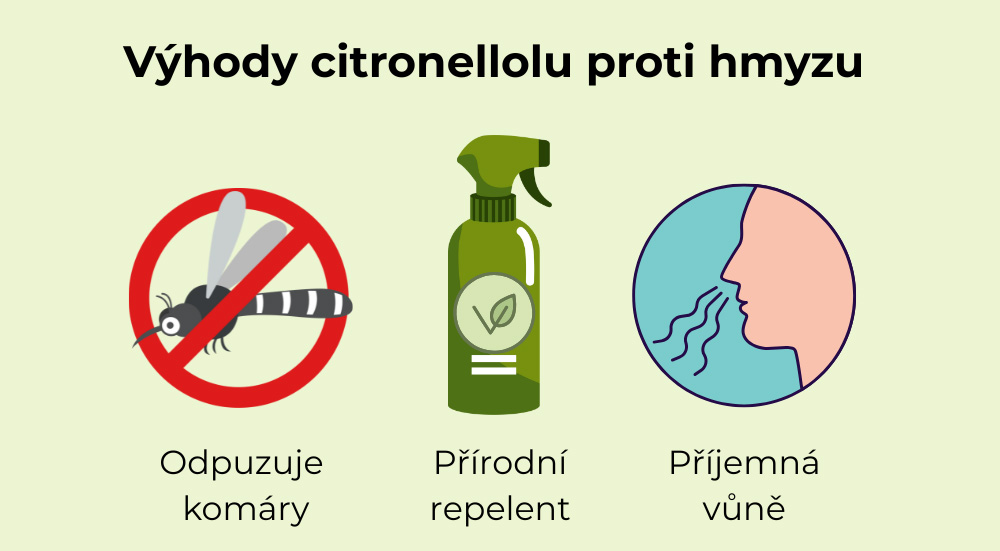 Infografik zu den Vorteilen von Citronellol – frischer natürlicher Duft, pflanzlicher Ursprung, Verwendung in Produkten für den Außenbereich.
