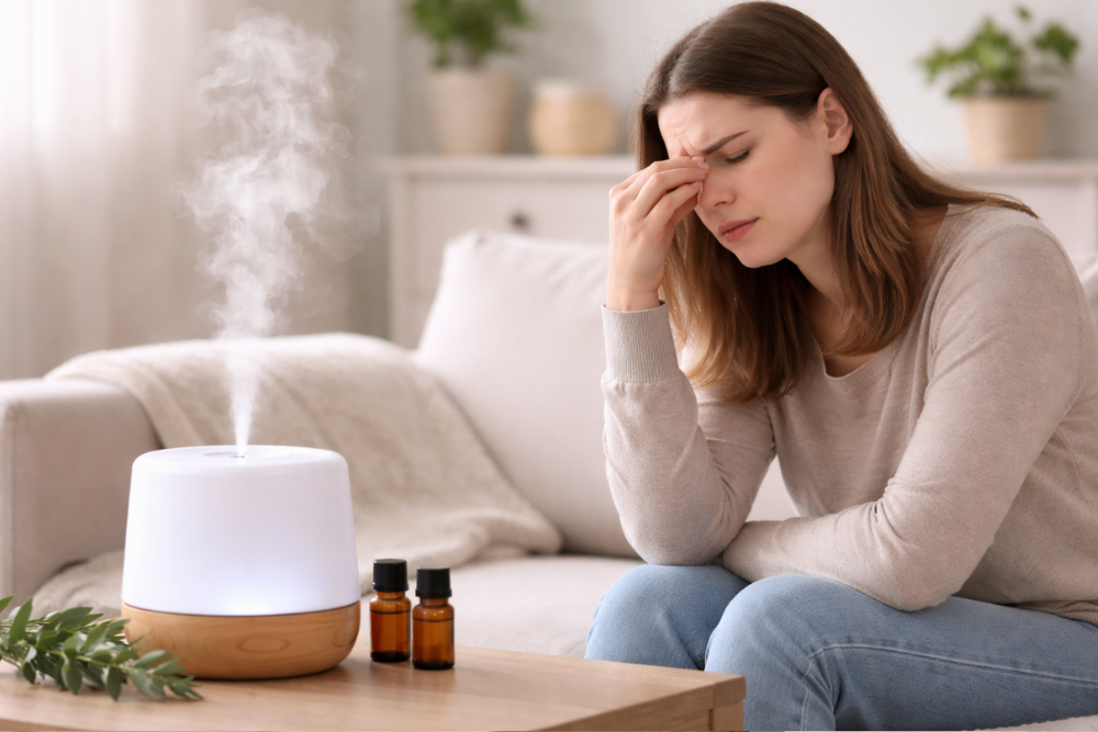 Eine Frau, die an einem Aroma-Diffusor sitzt, empfindet den zu intensiven Duft im Raum als unangenehm