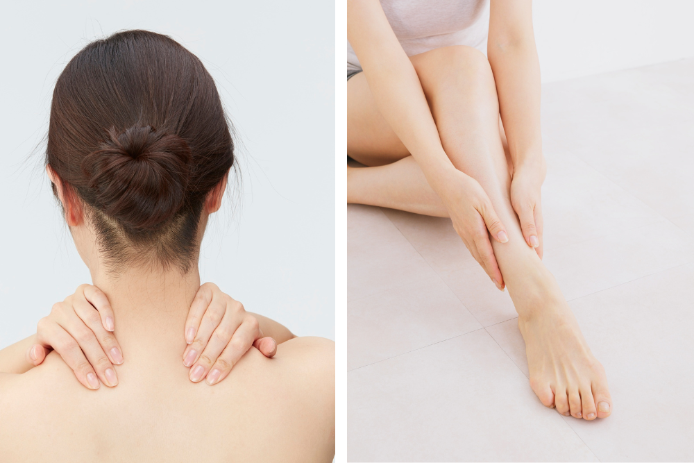 Sanfte Massage von Nacken und Wade nach dem Sport oder nach körperlicher Belastung als Teil der Körperpflege mit Öl