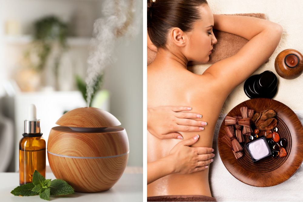 Glasfläschchen mit ätherischen Ölen für Aromatherapie und Stimmungsverbesserung