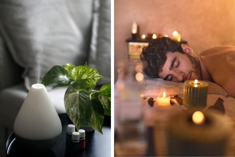 Verwendung ätherischer Öle - Diffusor und Ölfläschchen in ruhiger Umgebung