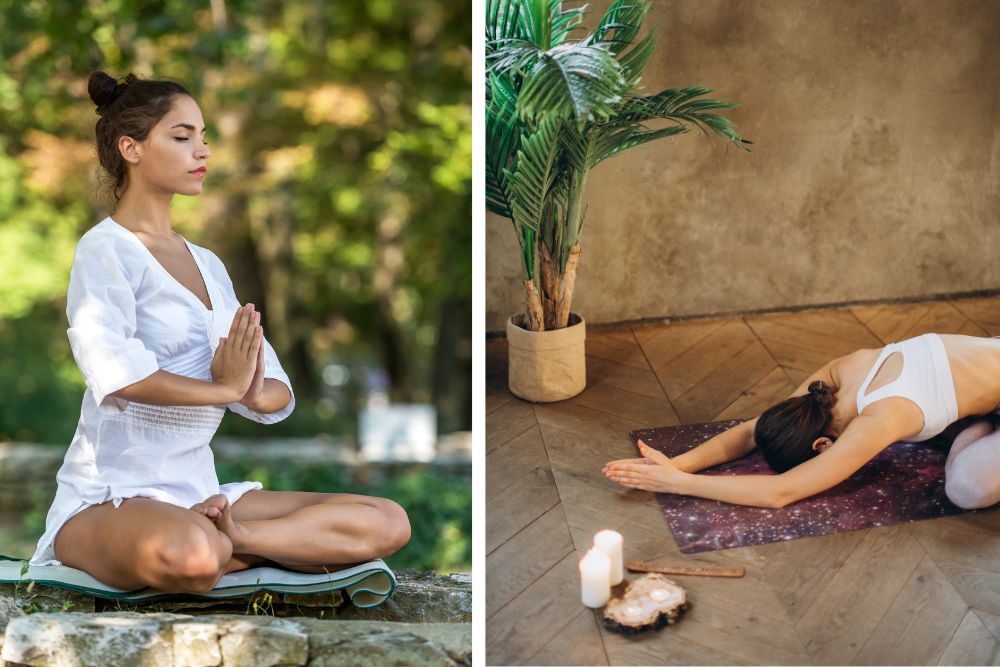 Entspannungsszene mit Weihrauchöl - Diffusor, Kerzen und Meditationsraum