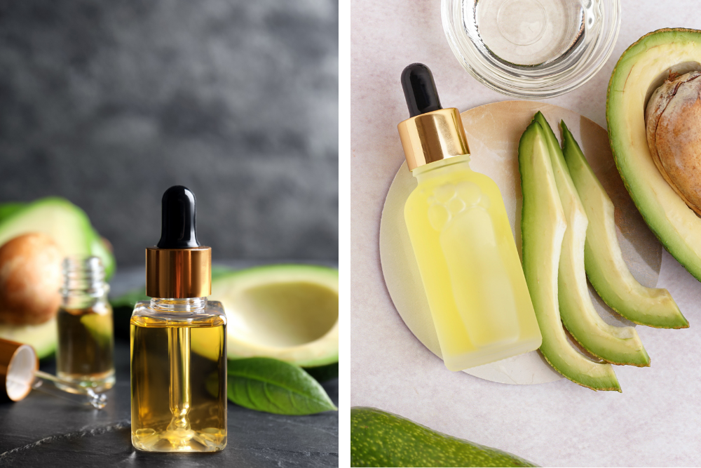 Avocadoöl in einer kosmetischen Pipette neben einer aufgeschnittenen Avocado, Darstellung der dichteren Textur des Öls