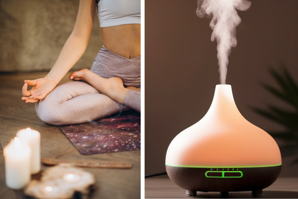 Frau bei der Entspannung und Aromadiffuser mit zartem Dampf, Atmosphäre häuslicher Aromatherapie und Ruhe.