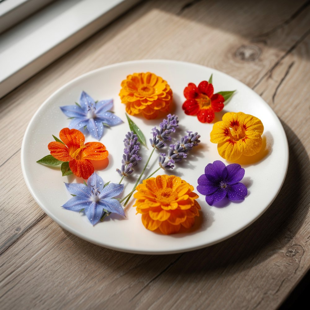 Bunte Mischung essbarer Blumen auf dem Teller