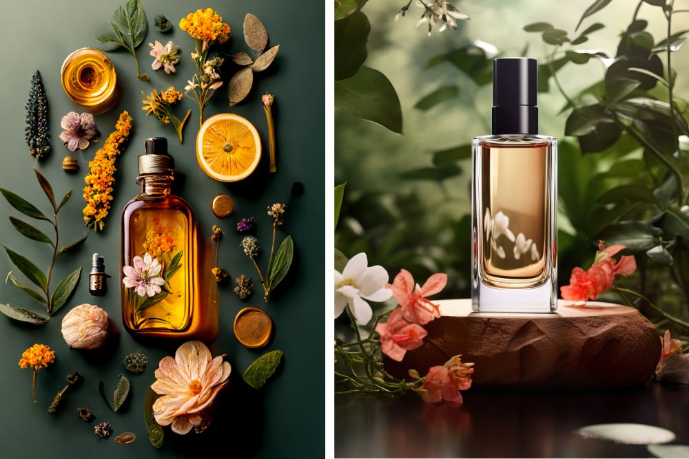 Ayurvedische Massageöle mit natürlichen Inhaltsstoffen und traditionellen Gefäßen für die Aromatherapie