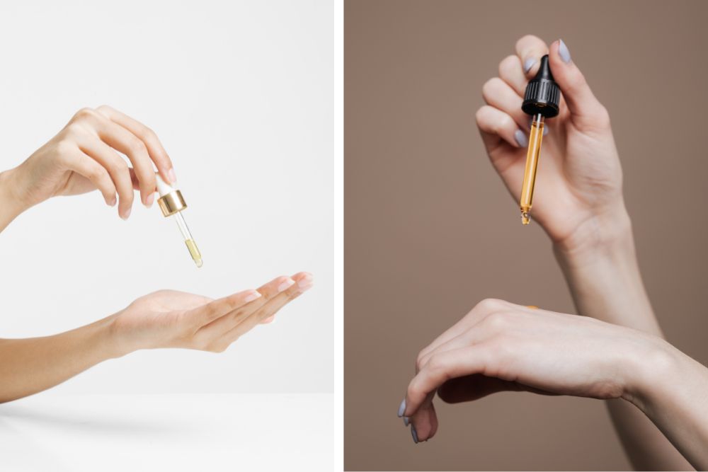Auftragen von ätherischem Öl mit einer Pipette auf die Haut der Hand als Teil der aromatherapeutischen Pflege.