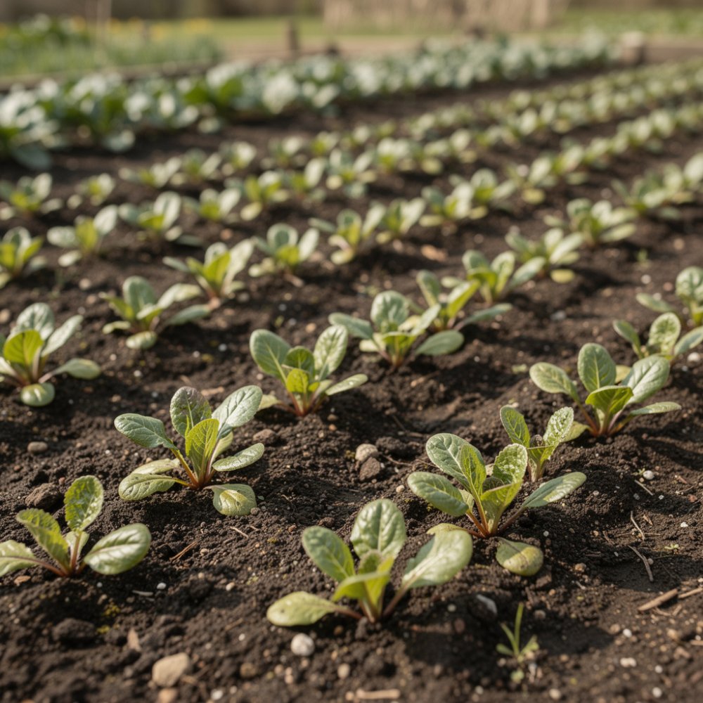 Blattsenf im Gartenbeet, grüne Blätter mit einem Hauch von Rot