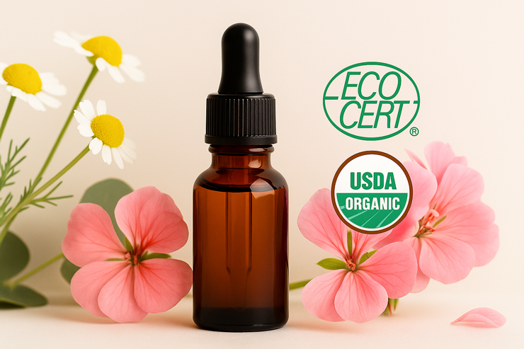 Braune Glasflasche mit ätherischem Öl, umgeben von Blumen und den Logos ECOCERT und USDA Organic.