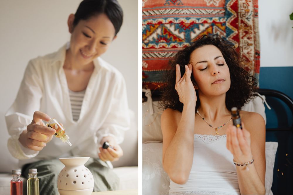 Natürliche ätherische Öle aus Rosmarin, Lavendel und Minze für die Massage