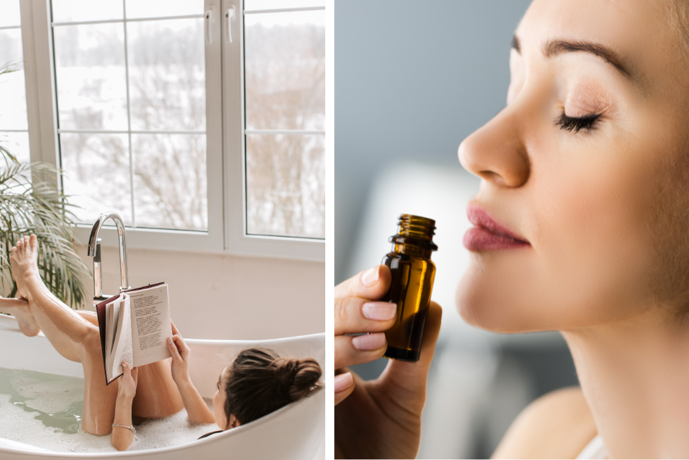 Neroli ätherisches Öl im häuslichen Ritual – sanftes Beduften des Raumes und eine kurze Pause zur Beruhigung.