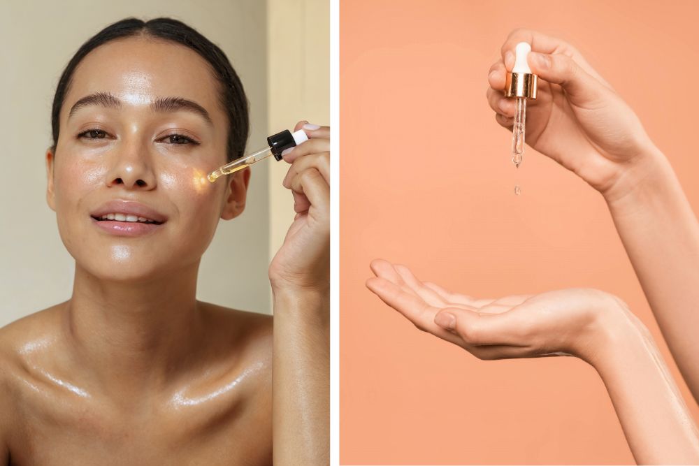 Naturkosmetik mit pflanzlichen ätherischen Ölen auf einem Holztablett