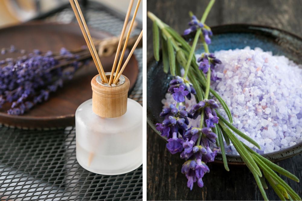 Lavendelblüten und ätherisches Öl für Aromatherapie und Hautpflege zu Hause