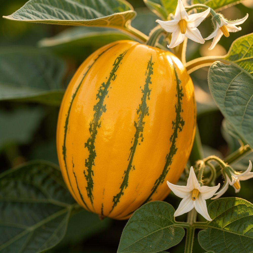 Reife Pepino Gold an der Pflanze, gelb‑orange Frucht mit dunkelgrünen Streifen