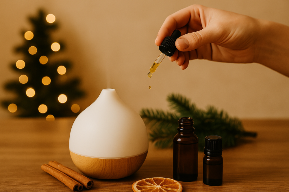 Tropfen ätherischen Öls, der in einen Aroma-Diffusor mit Weihnachtsdekoration tropft.