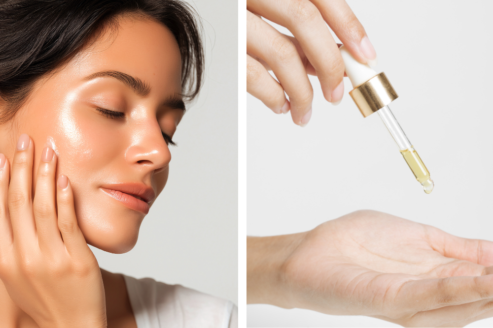 Frau trägt Jojobaöl mit einer Pipette auf die Haut auf – Detail der Anwendung eines natürlichen Gesichtsöls auf der Haut.