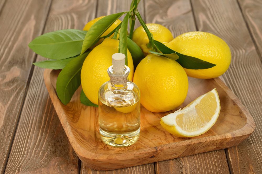 Zitronenöl in kleiner Flasche mit frischen Zitronen auf Holzuntergrund