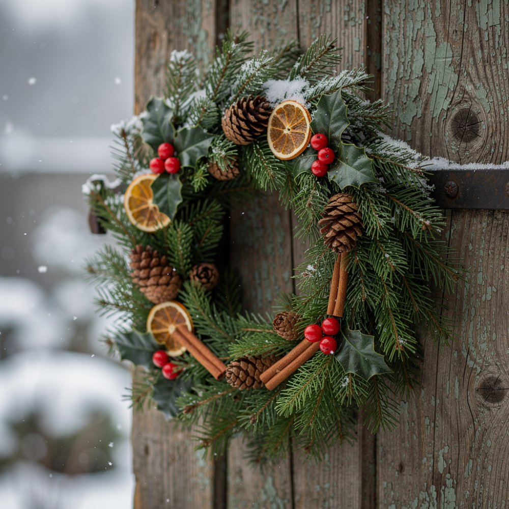 Weihnachtskranz aus Nadelzweigen, Zapfen und getrockneten Früchten an einer Holztür