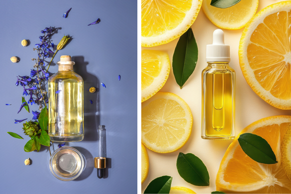 Glasflasche mit Öl – Inspiration für die Kombination von Träger- und ätherischen Ölen in der häuslichen Pflege.
