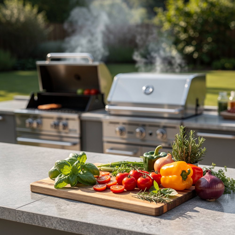 Moderne Außenküche mit Grill und frischen Kräutern