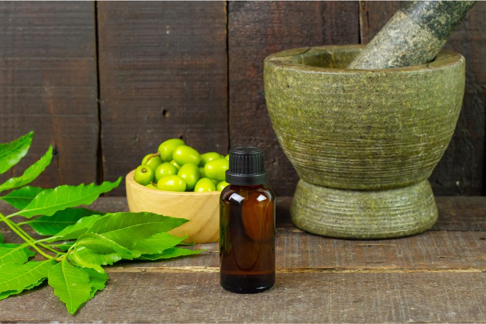 Ayurvedische ätherische Öle mit Kräutern auf Holzhintergrund