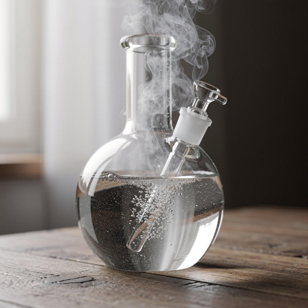 Glas‑Wasserbong mit Wasser und Rauch Glas‑Wasserbong mit Wasser und Rauch