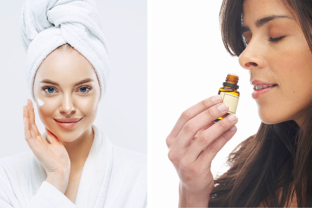 Frau trägt Creme mit ätherischem Lavendelöl auf und riecht in der Aromatherapie an einem Fläschchen – natürliche Hautpflege.