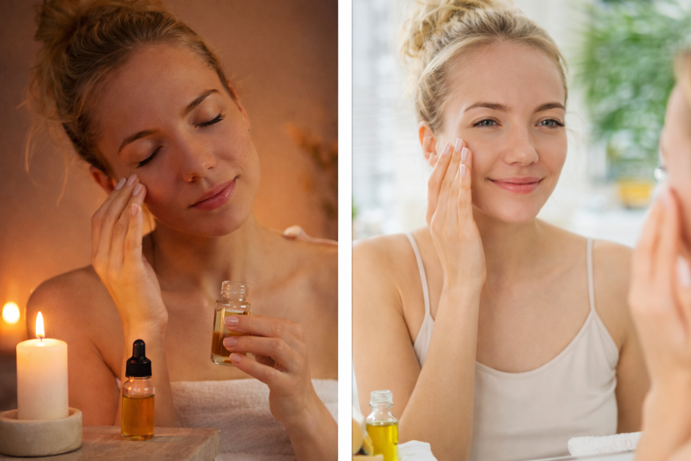 Sanfte Ölpflege der Haut morgens und abends, einfaches selbstgemachtes Mini-Serum mit Trägeröl und Pipette